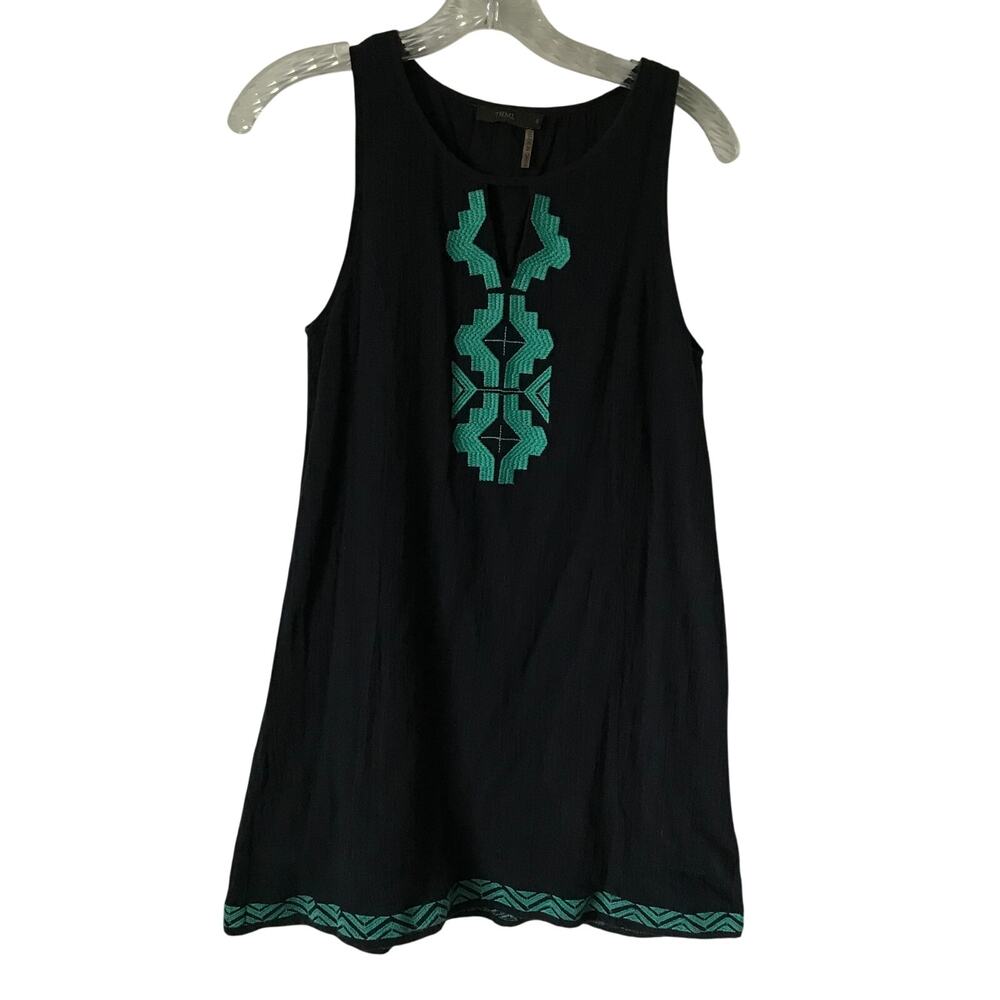 THML Dress Size Small Womens Sleeveless Embroidered Gauze Navy Turquoise Lined
